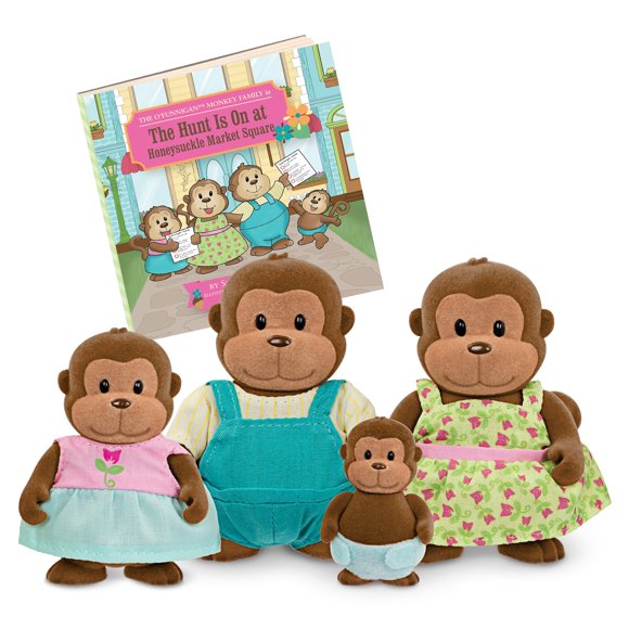 Toy Li'l Woodzeez La familia de monos O'Funnigan con libro de cuentos