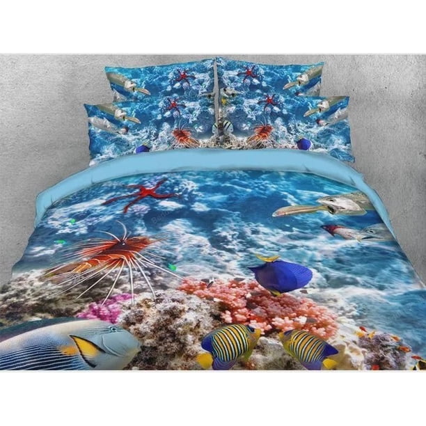 Underwater Fish Quilt Duvet Cover Set Bedspread Home Textiles Children Kids3-Piece Bedding Set