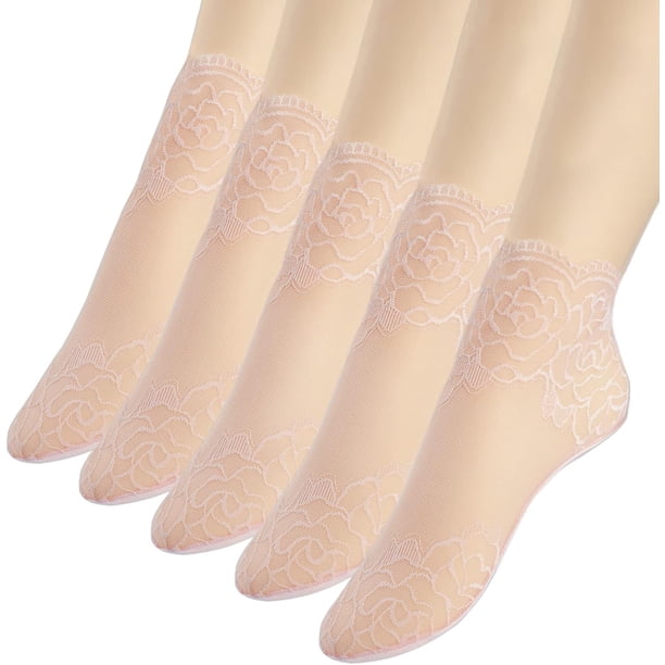 Calcetines tobilleros de encaje para mujer - 5 pares de calcetines con volantes - Calcetines tobilleros de rejilla para mujer