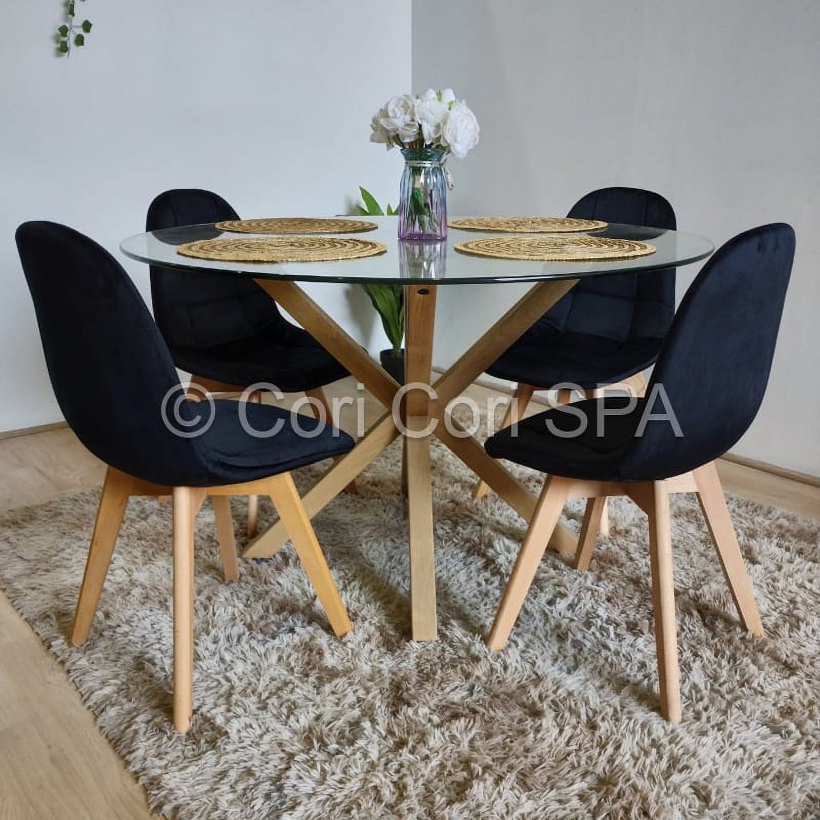 Coricori - Comedor Mesa Warwick 100Cms + 4 Sillas Capitonne Velvet Negro