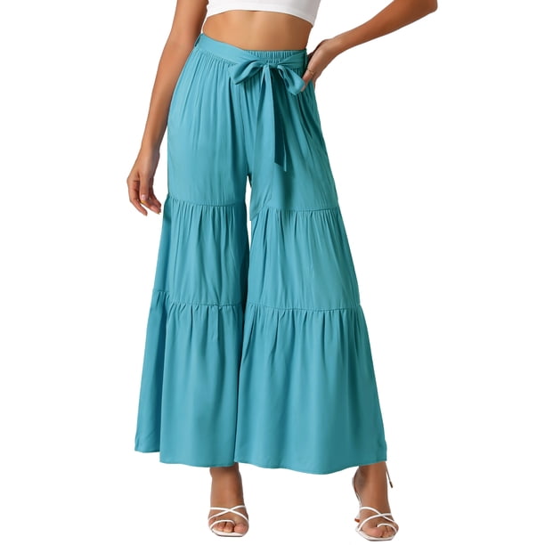 INSPIRE CHIC Pantalones Boho para Mujer Cintura Alta Elástica Acampanados con Volantes Palazzo Chic Pantalones de Pierna Ancha S Azul Lago