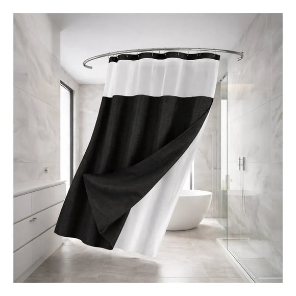 Cortina De Baño Diseño Impermeable + Forro Y 12 Ganchos Blanca Negro