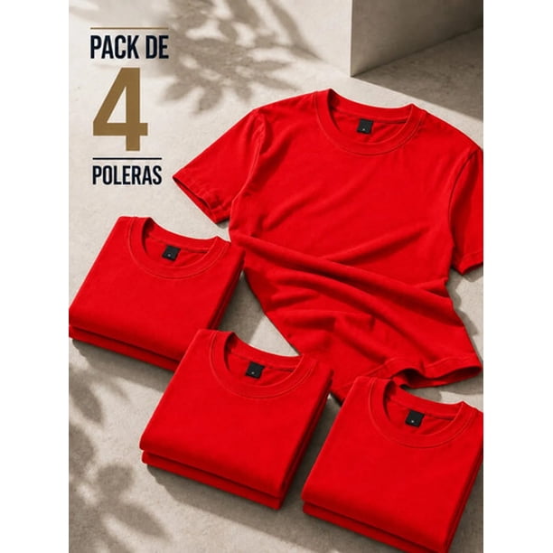 Pack 4 Poleras Basicas Cuello Redondo 100% Algodon 200g Rojo M Lisa