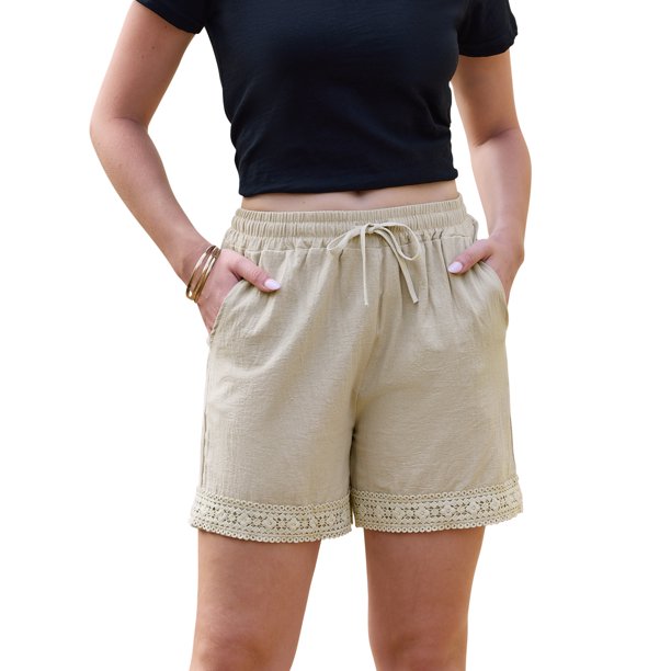 INSPIRE CHIC Pantalones cortos para mujer, casuales de verano, cintura alta elástica, con cordón, pantalones cortos de pierna ancha con bolsillos XS albaricoque