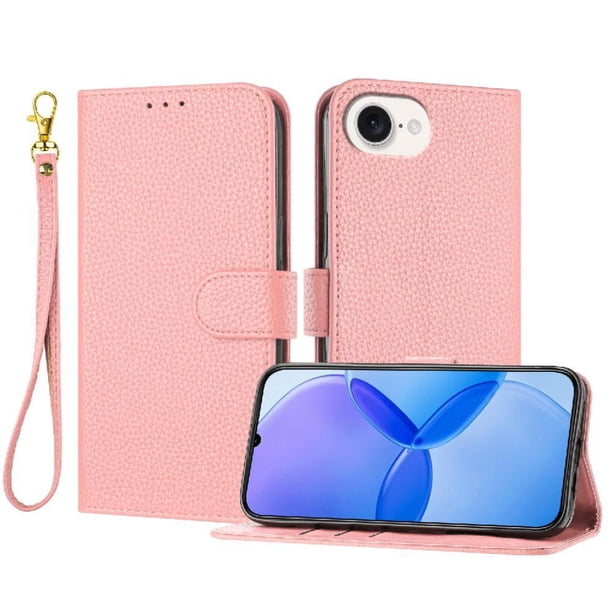 Funda Cartera para iPhone 17E Tarjetero Soporte Magnético y Correa Rosa