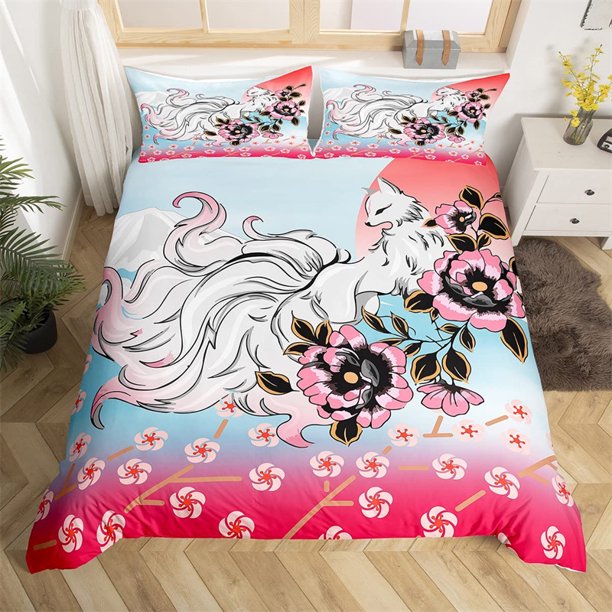 Japanese Ukiyoe Bedding Set White Fox Blossoms Floral Duvet Cover Polyester Galaxy Exotic Animal Comforter Cover Twin Queen Size Bed Sheets
