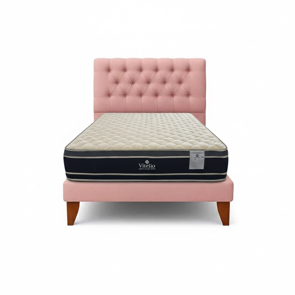 Vitelio - Cama 1.5 Plaza Palo Rosa Capitone + Colchón Ortopedic
