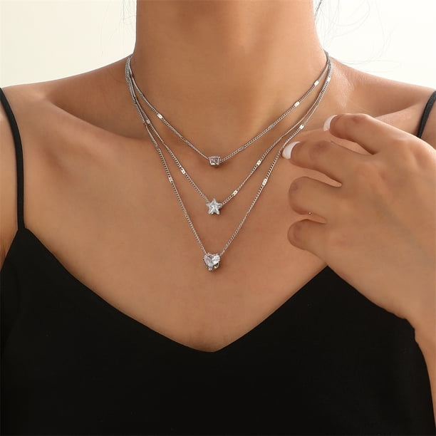 Retro Reticulated Star Pendant Necklace - Zircon Multi-Layer Five-Pointed Water Drop Pendant with Clavicle Chain