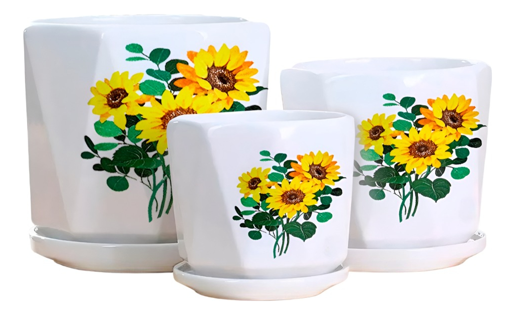 Genérico - Set 3 Macetas Girasol Cerámica Plantas Jardín Decoración Jhn