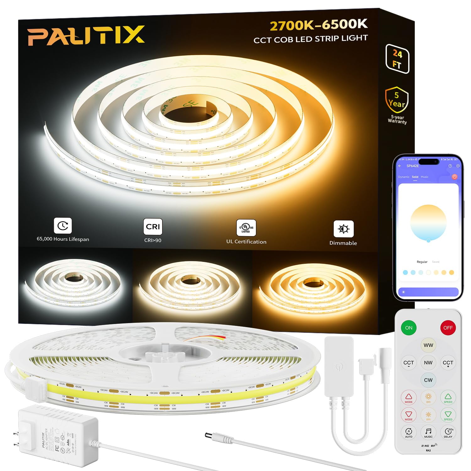 Tira De Luces Led Pautix Cob, 24 Pies, 2700 K-6500 K, Cct, Sintonizable, Blanca