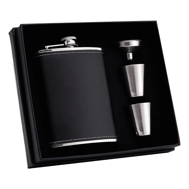 Set de regalo de petaca, petacas para licor para hombres con funda de cuero negro