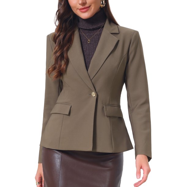 INSPIRE CHIC Blazer de trabajo para mujeres con solapa, botón único, manga larga, traje casual de negocios con bolsillos, M marrón