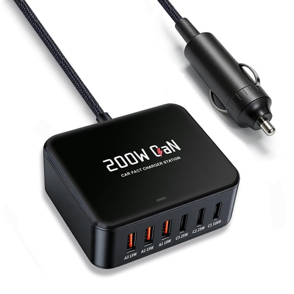 Cargador de Auto Eafinesy 200W USB C 6 Puertos PD3.0/QC4.0/PPS Negro