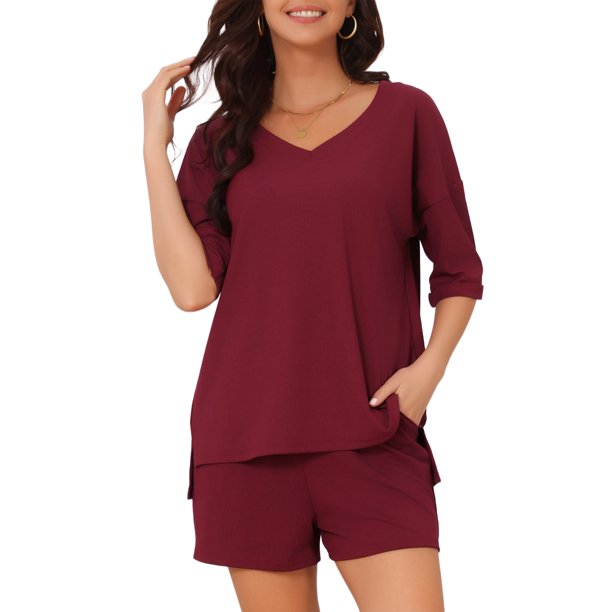 INSPIRE CHIC Conjuntos de Salón para Mujeres 2026 Verano Acanalado Cuello en V Casual Suelto Conjuntos a Juego 2 Piezas Conjunto Corto Pijamas con Bolsillos 2XL Rojo