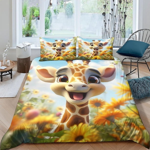 Juego de funda nórdica con estampado de jirafa de dibujos animados, funda de edredón de microfibra suave, decoración de dormitorio, juegos de ropa de cama antialérgicos para niños, adolescen