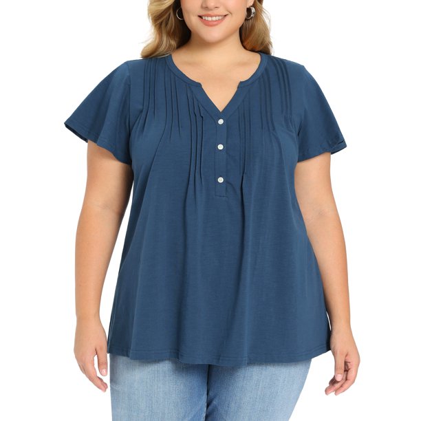 GRACIA Y GRANDEZA Blusa de Mujer Tallas Grandes con Pliegues al Frente y Mangas con Volantes, Cuello con Botón, Camisa Túnica Casual Elegante 2X Azul Oscuro