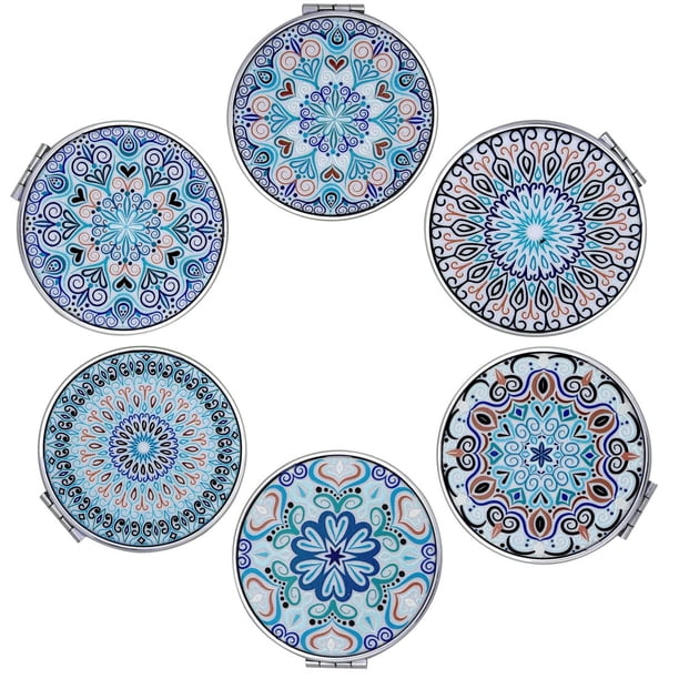 CigyYogy pequeño espejo de aumento de viaje para maquillaje, compacto, de mano, mini, de bolsillo, plegable y portátil - espejos dobles de belleza para mujer - diseños mandala surtidos - paquete de 6