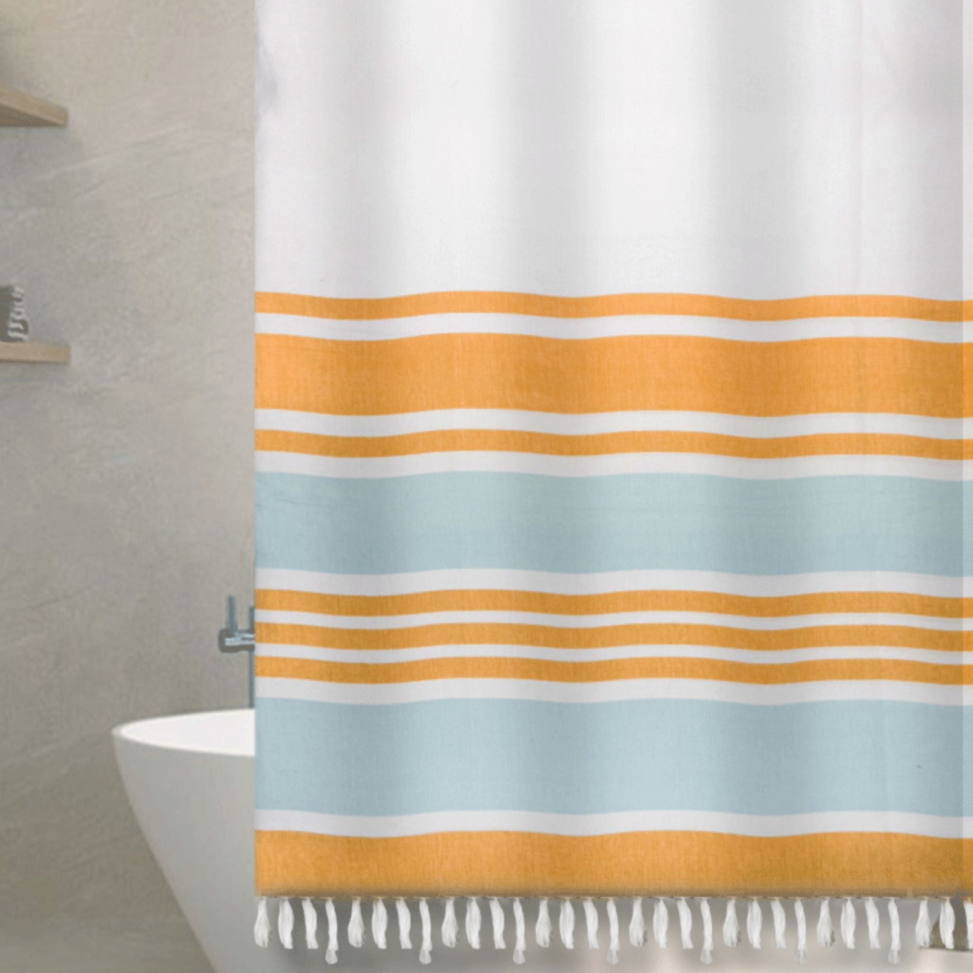 Decoexpress - Cortina Baño Tela Mas Flecos Marinera Turquesa