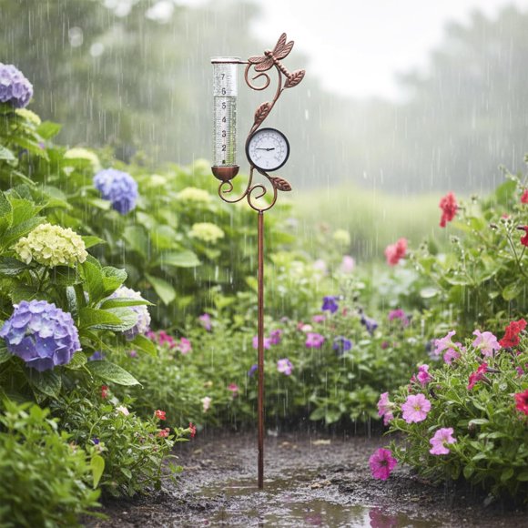 Pluviómetro de metal con libélula Voumsil para jardín – 95 cm