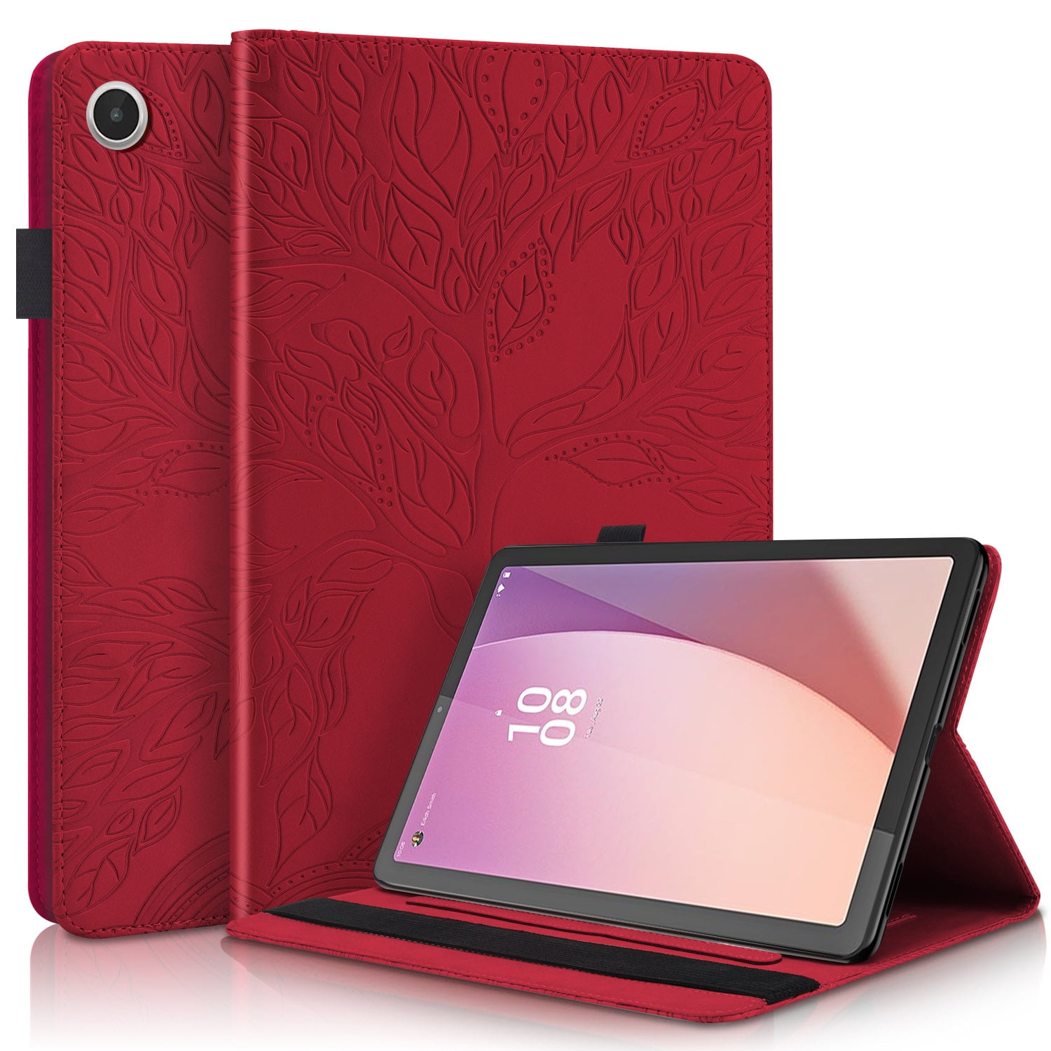 Foxdock - Funda Con Relieve Del Árbol De La Vida Para Tablet Lenovo Tab M8(4th Gen) Con Soporte, Ranuras Para Tarjetas Y Soporte Para Lápiz Óptico. Rojo