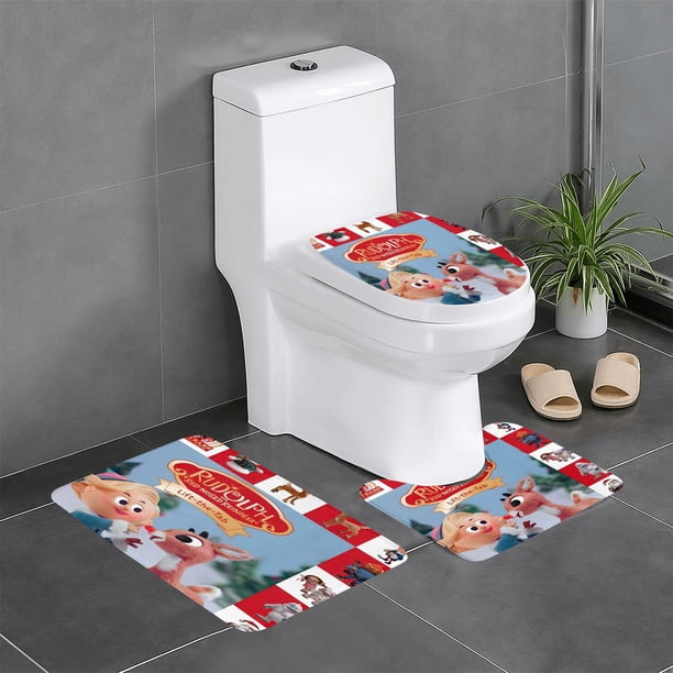 Rudolph el Reno de la Nariz Roja Juego de 3 alfombras de baño de coral fleece: tapete de baño + alfombra de inodoro en forma de U + funda de tapa de inodoro en forma de O