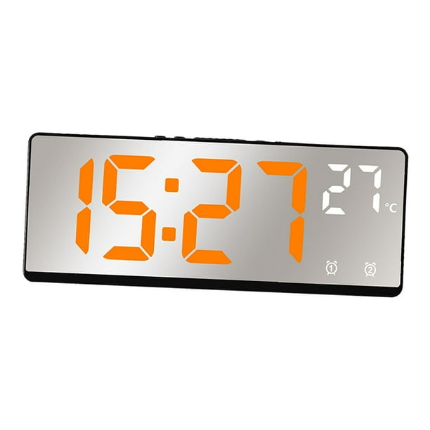 Reloj despertador digital electrónico Pantalla de temperatura regulable Mesa Fecha Calendario Reloj con espejo LED para dormitorio Sala de estar Salón , Luz naranja