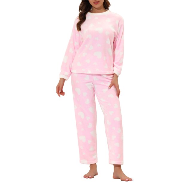 INSPIRE CHIC Conjunto de Pijamas de Felpa de Franela Cálida con Tops de Corazón y Estrella para Mujer con Pantalones L Rosa