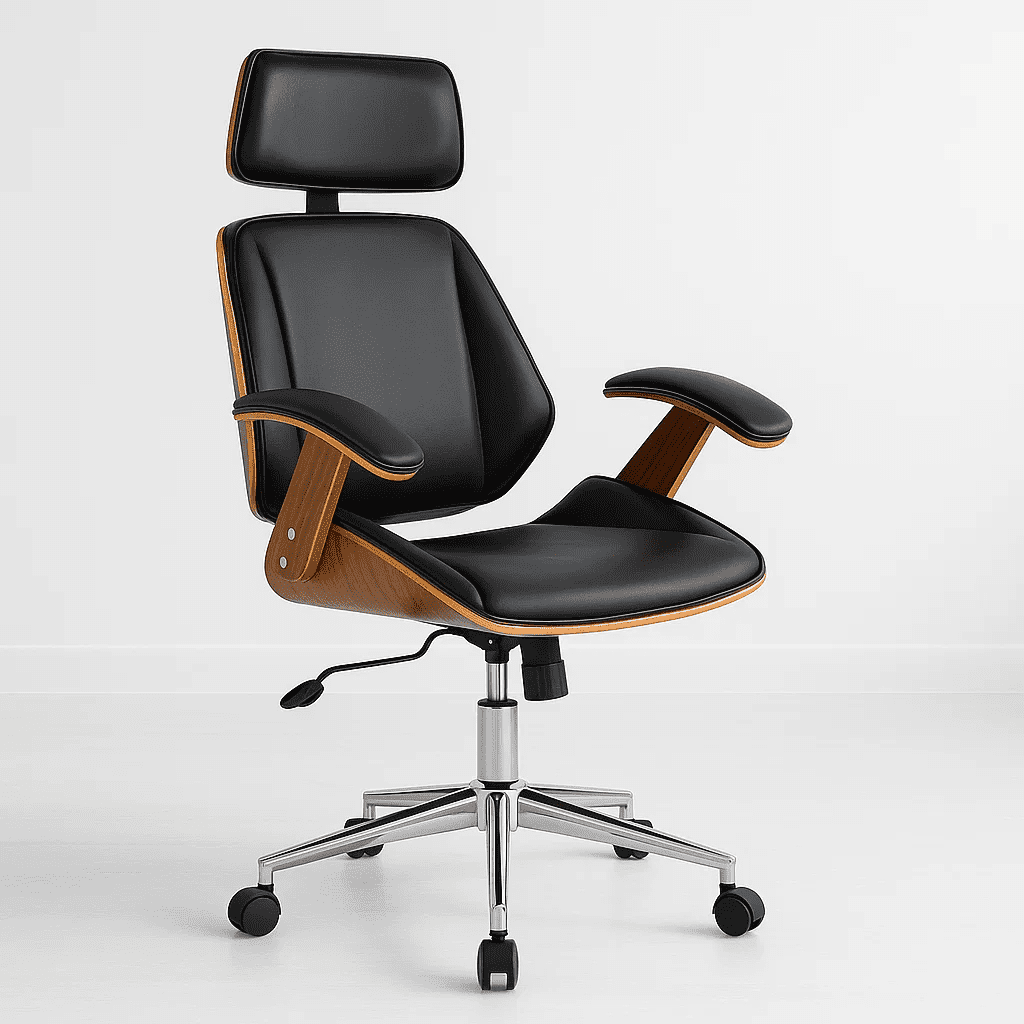 Klik Muebles - Silla Oficina Cuero Negra Con Apoyabrazos Madera Y Respaldo Cabeza