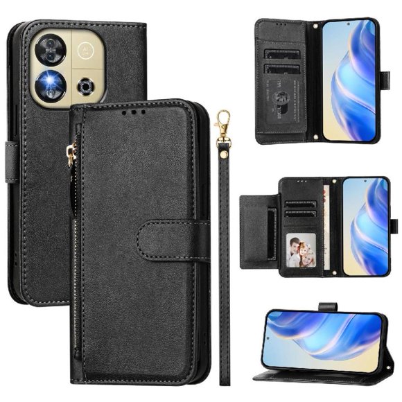 Funda Tipo Billetera para Oukitel C57s con Cremallera Portatarjetas Soporte Correa de Muñeca Cuero Negro