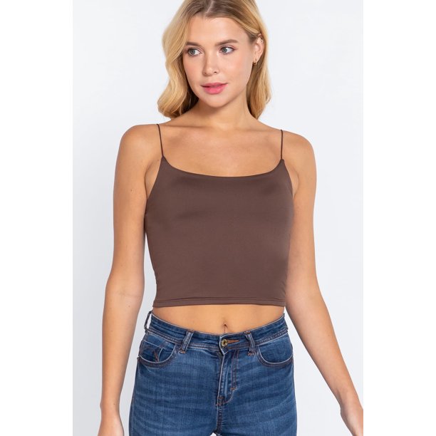 Saronite Top Corto de Tirantes Finos de Punto Cepillado Básico, Color Marrón Madera (para Mujer)