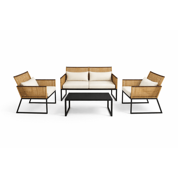 Juego Terraza Beige Sofá + Sillas + con Mesa Vidrio- Completo 4 Piezas