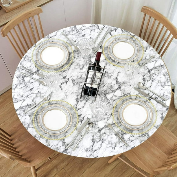 Mantel ajustable con reverso de franela y borde elástico. Mantel de PVC impermeable y resistente al aceite, antimanchas y lavable para mesas redondas (ideal para mesas redondas de 91 a 112 cm).