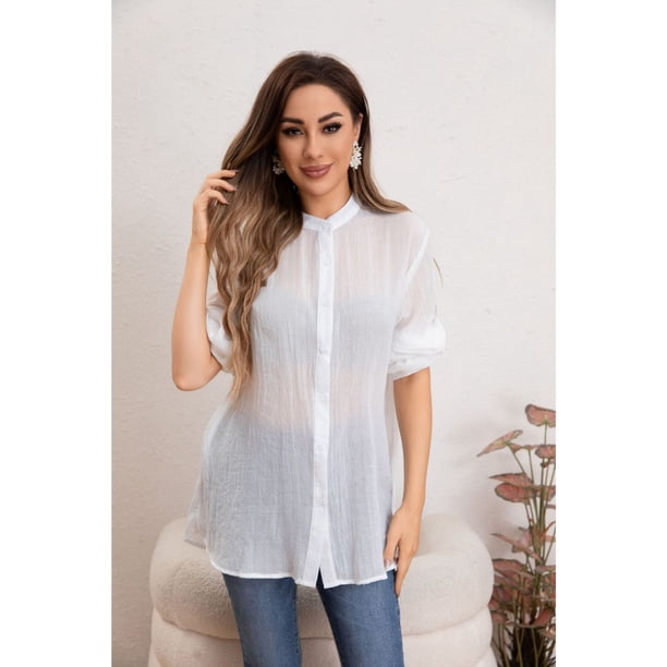 Blusa Mujer Lino Algodón Premium Liviana manga Larga Cuello Mao 8055
