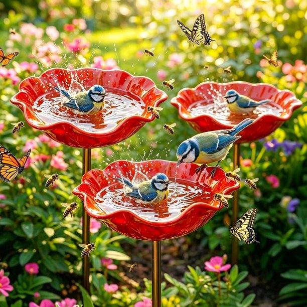 Estacas jardín flor metal 4 uds baño pájaros cuenco agua abejas decoración exterior jardín