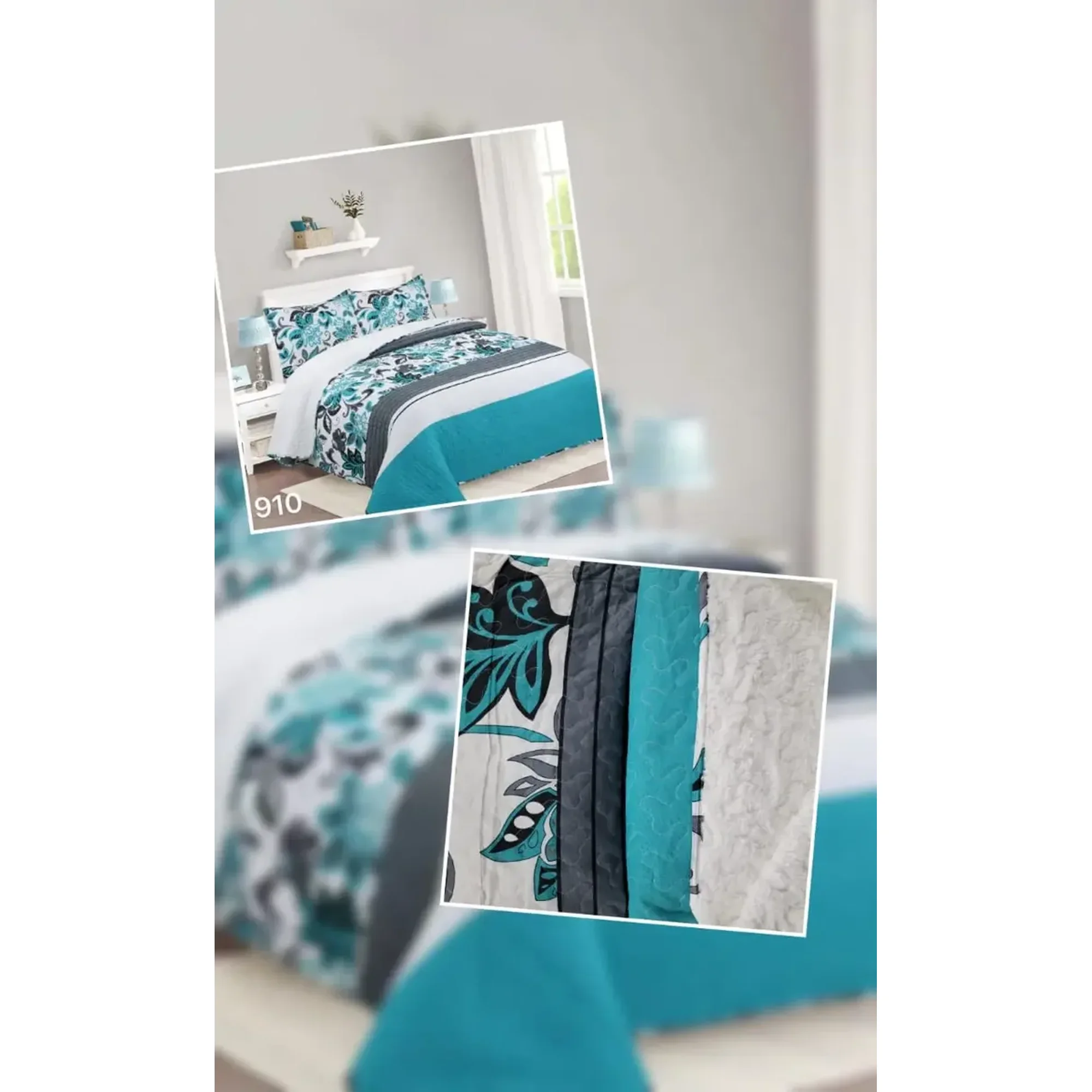 Casadeliacl - Cubrecama Quilt Sherpa 2pl Turquesa Gris Y Blanco Diseño Floral Turquesa Gris