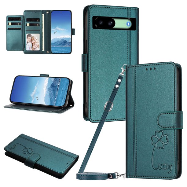 Funda Cartera Trébol para Google Pixel 8A con Ranuras Tarjetas y Carga Inalámbrica Verde oscuro