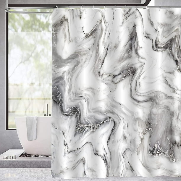 1pc Luxury Gray Golden Marble Shower Curtain Set - Waterproof, Washable, and Standard Size for Bathtub - Includes 12 Plastic Hooks
