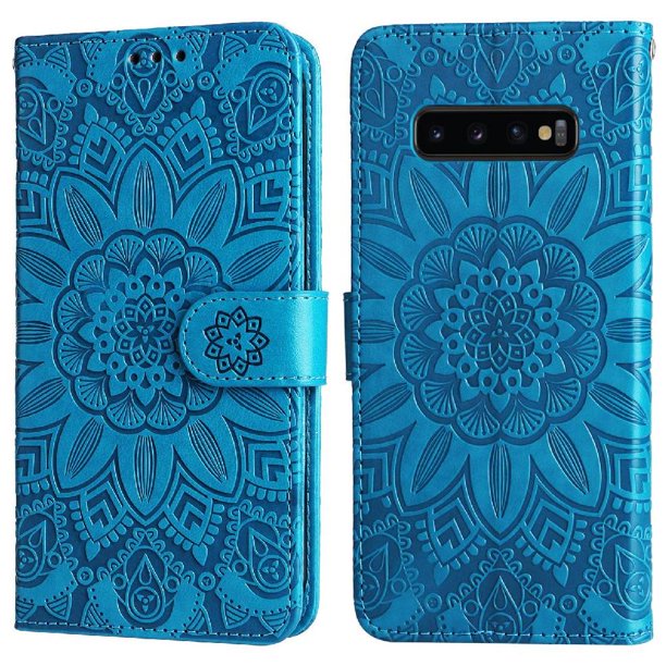 Funda tipo cartera FOXDOCK para Samsung Galaxy S10 , diseño girasol en relieve, cuero PU, cierre magnético, soporte y tarjetero