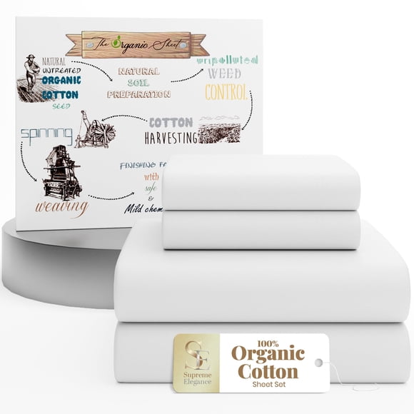 SUPREME ELEGANCE Juego de Sábanas King de Algodón Orgánico 100 % – Percal Blanco Nieve