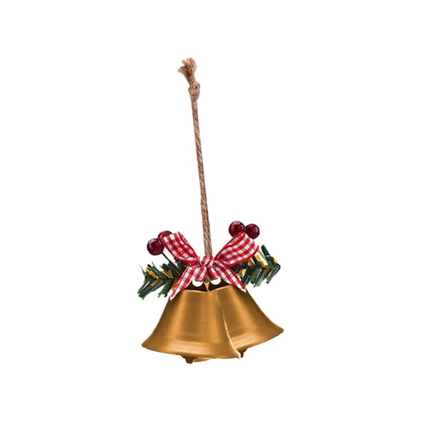 Campana de Navidad Campanas de metal de Navidad Decoración colgante de Navidad encantadora hecha a mano con lazo para la puerta del hogar Festivales Campana de 2 trompetas dorada