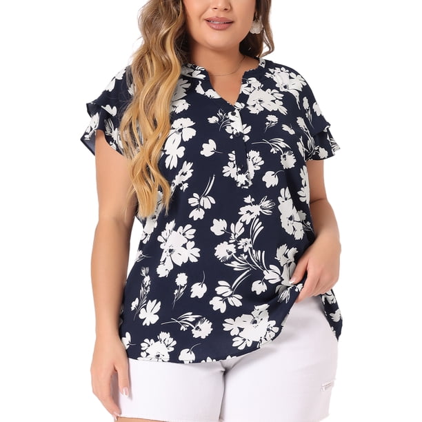 Tops de Talla Grande para Mujer de Agnes Orinda Blusas Retro Florales con Cuello en V y Mangas Cortas en Capas 2X Azul Marino