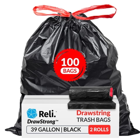 Bolsas De Basura Reli. 39 Galones Con Cordón, 100 Unidades, Negras