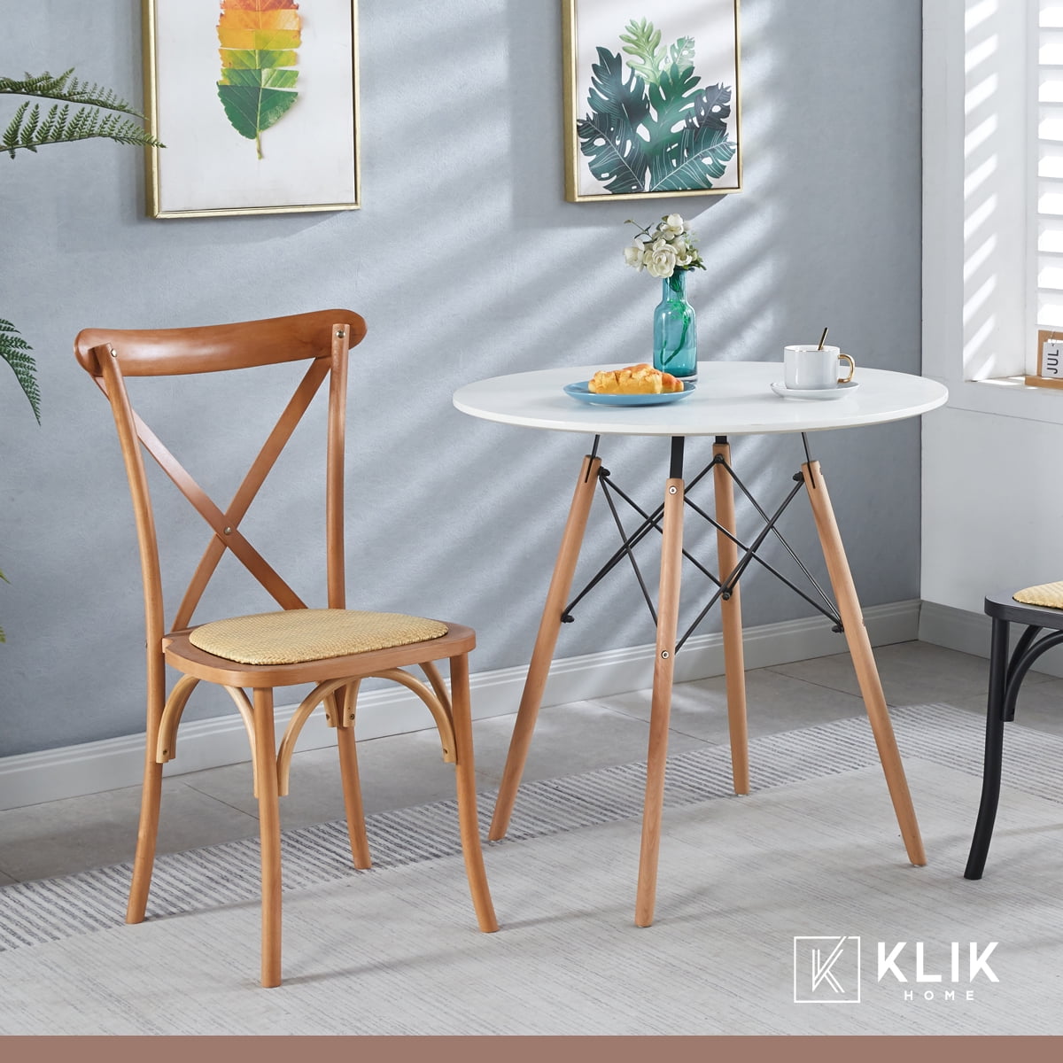 Klik Muebles - Comedor Mesa De Vidrio Rectangular 120x80 + 6 Silla Crossback Madera Rattan Natural