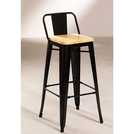 Taburete De Acero Con Asiento De Madera - Negro