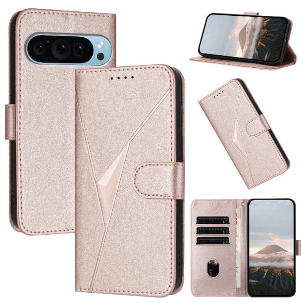 Funda Cartera Fibra de Carbono para Google Pixel 9 con Soporte y Cierre Magnético Rosa
