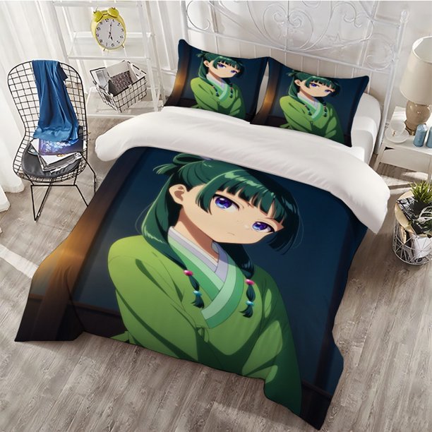 3pcs Yao House Green Hair Purple Eyes Kimono Girl Print Three-Piece Set Duvet Cover + 2 Pillowcases