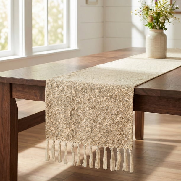 Camino de Mesa para Decoración de Cocina Decoraciones de Cumpleaños, Camino de Cocina Lavable Largo con Borlas para Cocina y Comedor Cuadrados Pequeños 13x72 pulgadas