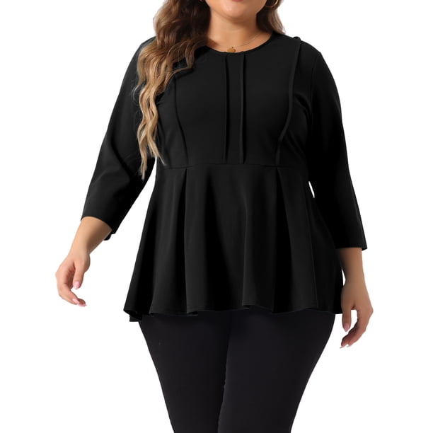 Agnes Orinda Conjuntos de Halloween Blusas Tallas Grandes para Mujeres Escuela Universidad Elegante Cuello Redondo Color Sólido Ropa de Trabajo Manga 3/4 Blusa Peplum 2X Negro