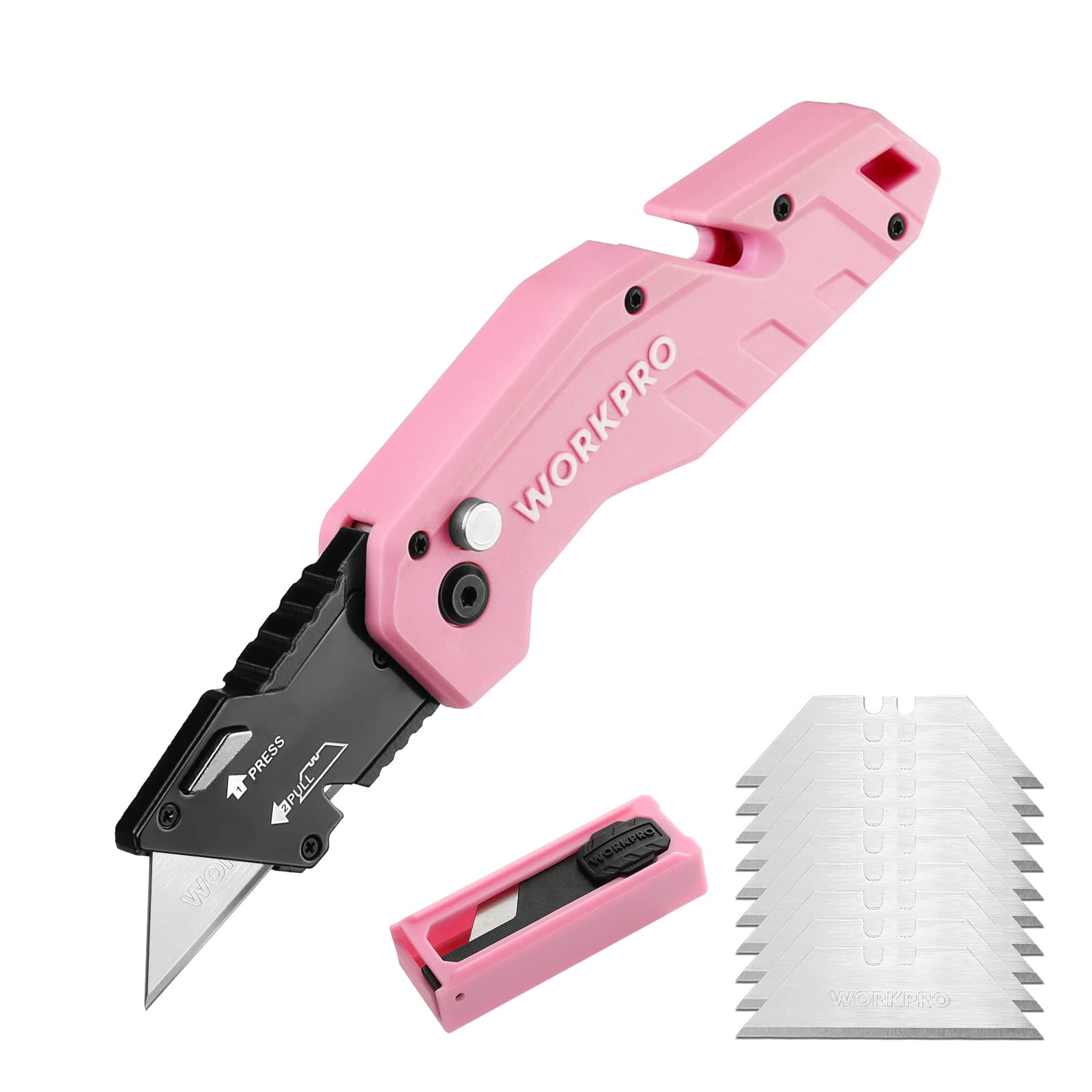 Navaja Multiusos Plegable Workpro Rosa Con 10 Cuchillas Y Cinta Rosa