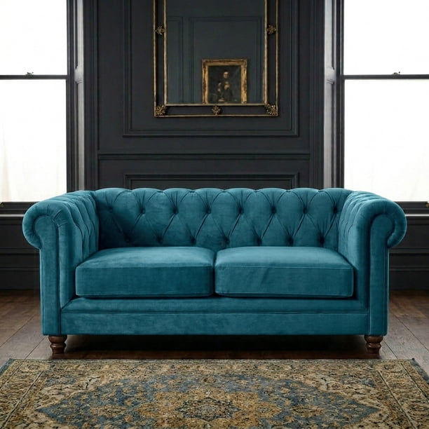 Sofa Florencia 2C Tela Velvet Azul Petroleo